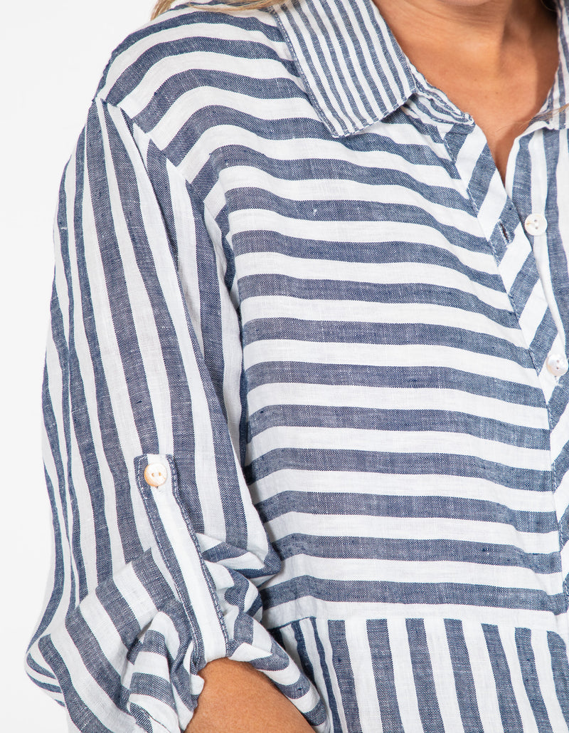 Sonya Linen Shirt in Navy Stripe