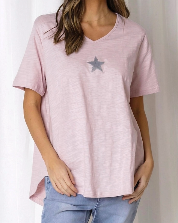 Ella V Neck Cotton Tee in Blush